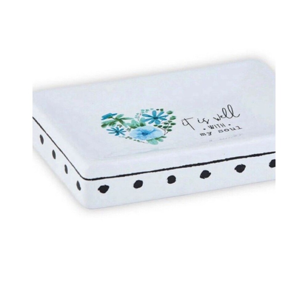 It Is Well With My Soul White Ceramic Soap Dish W/ Blue Flowers & Black Accents